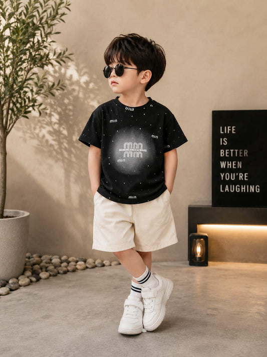 Kids Premium Summer T-Shirt & Shorts Co-Ord Set | Black Graphic T-Shirt with White Shorts | Boys | Sizes 18–26