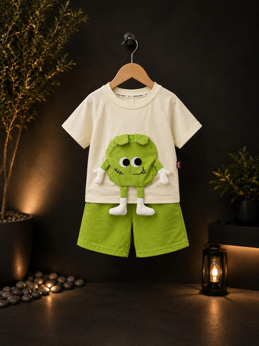 Premium Kids Summer T-Shirt & Shorts Co-Ord Set | Soft Cotton 2-Piece Outfit | Green & White | Sizes 18-26