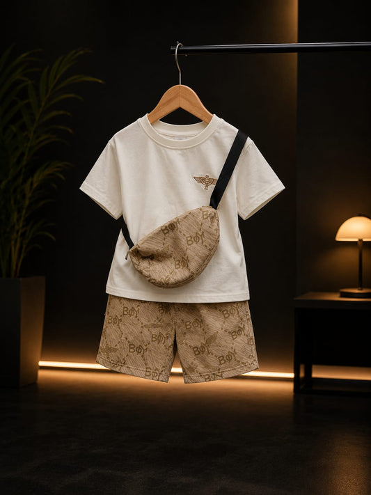Premium Boys Summer T-Shirt & Printed Shorts Co-Ord Set with Sling Bag | Beige | Sizes 18-26