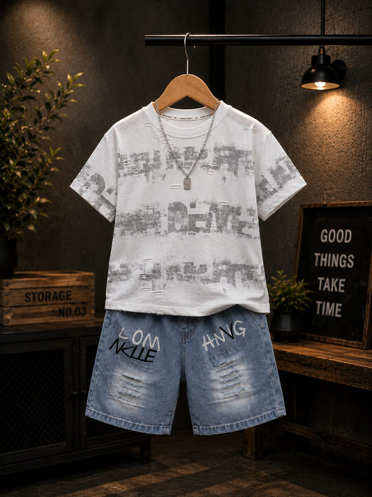 Premium Boys Graphic T-Shirt & Denim Shorts Co-Ord Set | Summer Casual Outfit | Blue | Sizes 18-26