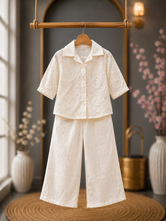 Premium Girls Embroidered Shirt & Palazzo Co-Ord Set | Off White | Casual & Party Wear | Sizes 6-12 Years
