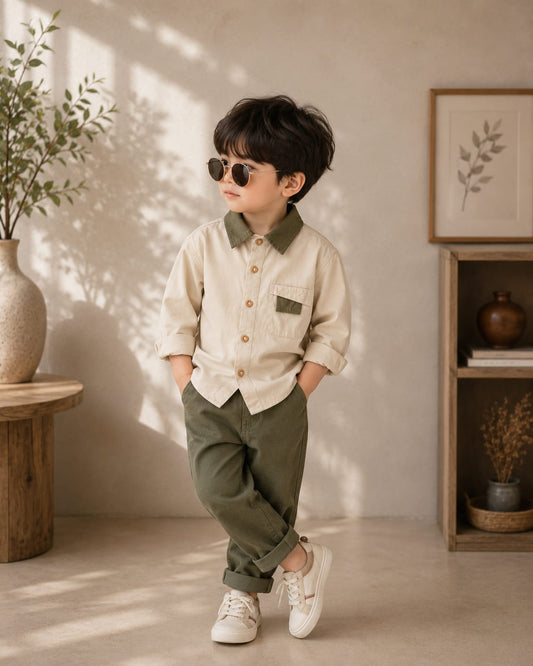 Premium Boys Cotton Full Sleeve Casual Shirt | Contrast Collar Pocket Design | Sizes 2–7 Years