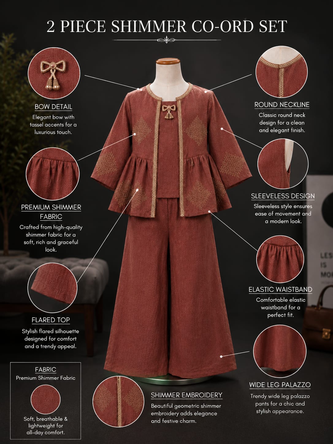 Premium Girls Designer Peplum Top & Palazzo Co-Ord Set | Brown | Ethnic Party Wear | Sizes 6-12 Years