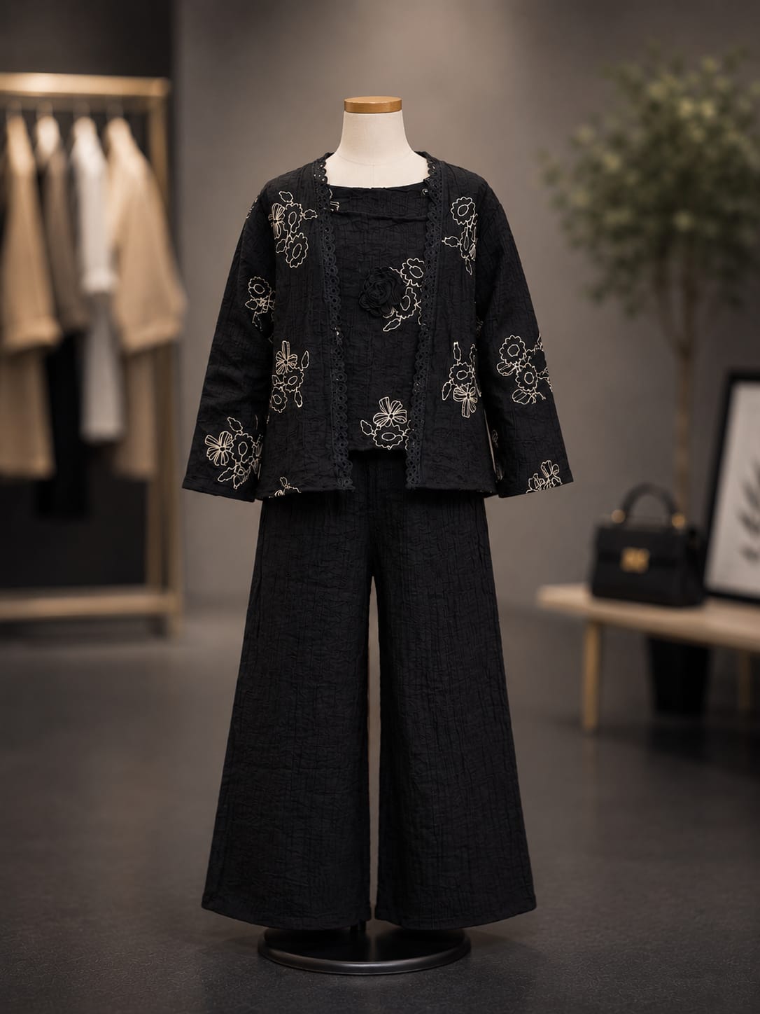 Premium Girls Floral Embroidered 3-Piece Co-Ord Set | Black | Party & Ethnic Wear | Sizes 6-12 Yea