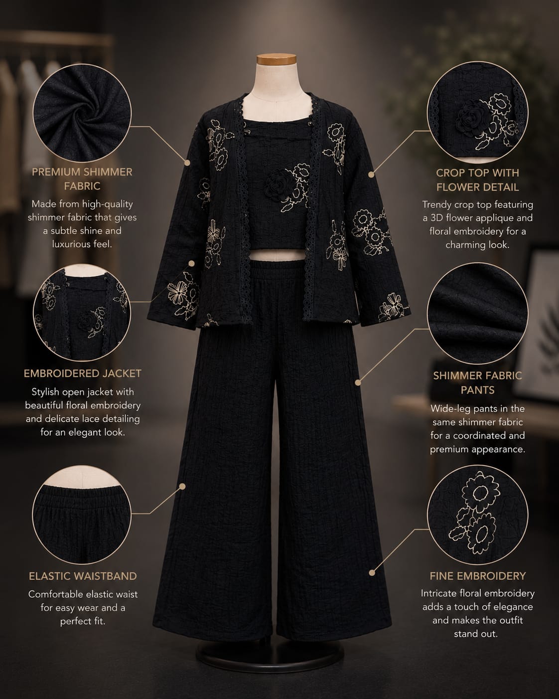 Premium Girls Floral Embroidered 3-Piece Co-Ord Set | Black | Party & Ethnic Wear | Sizes 6-12 Yea
