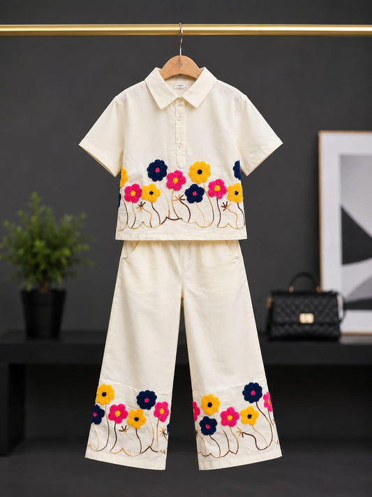 Premium Girls Floral Embroidered Shirt & Palazzo Co-Ord Set | Off White | Party Wear | Sizes 6-12 Years
