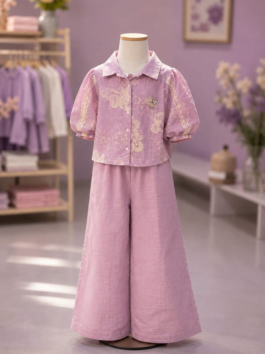 Premium Girls Floral Embroidered Shirt & Palazzo Co-Ord Set | Lavender | Party Wear | Sizes 6-12 Years