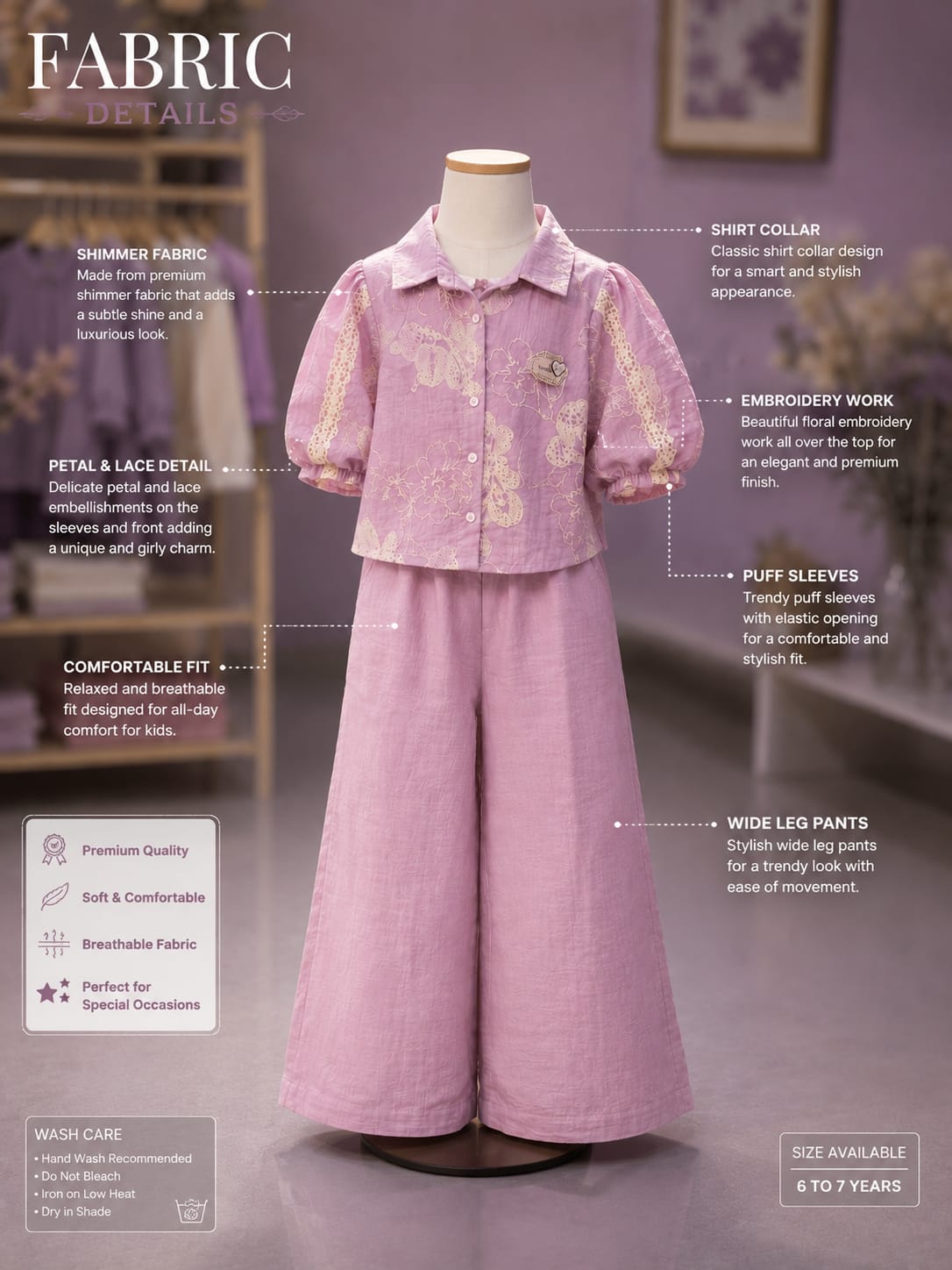 Premium Girls Floral Embroidered Shirt & Palazzo Co-Ord Set | Lavender | Party Wear | Sizes 6-12 Years