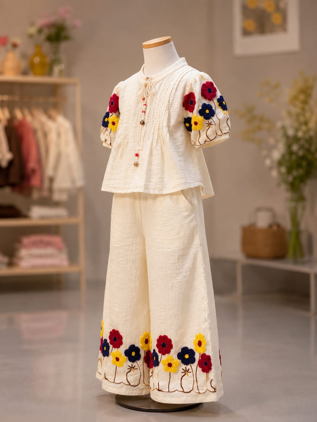 Premium Girls Floral Embroidered Top & Palazzo Co-Ord Set | Cream | Party Wear | Sizes 6–12 Years