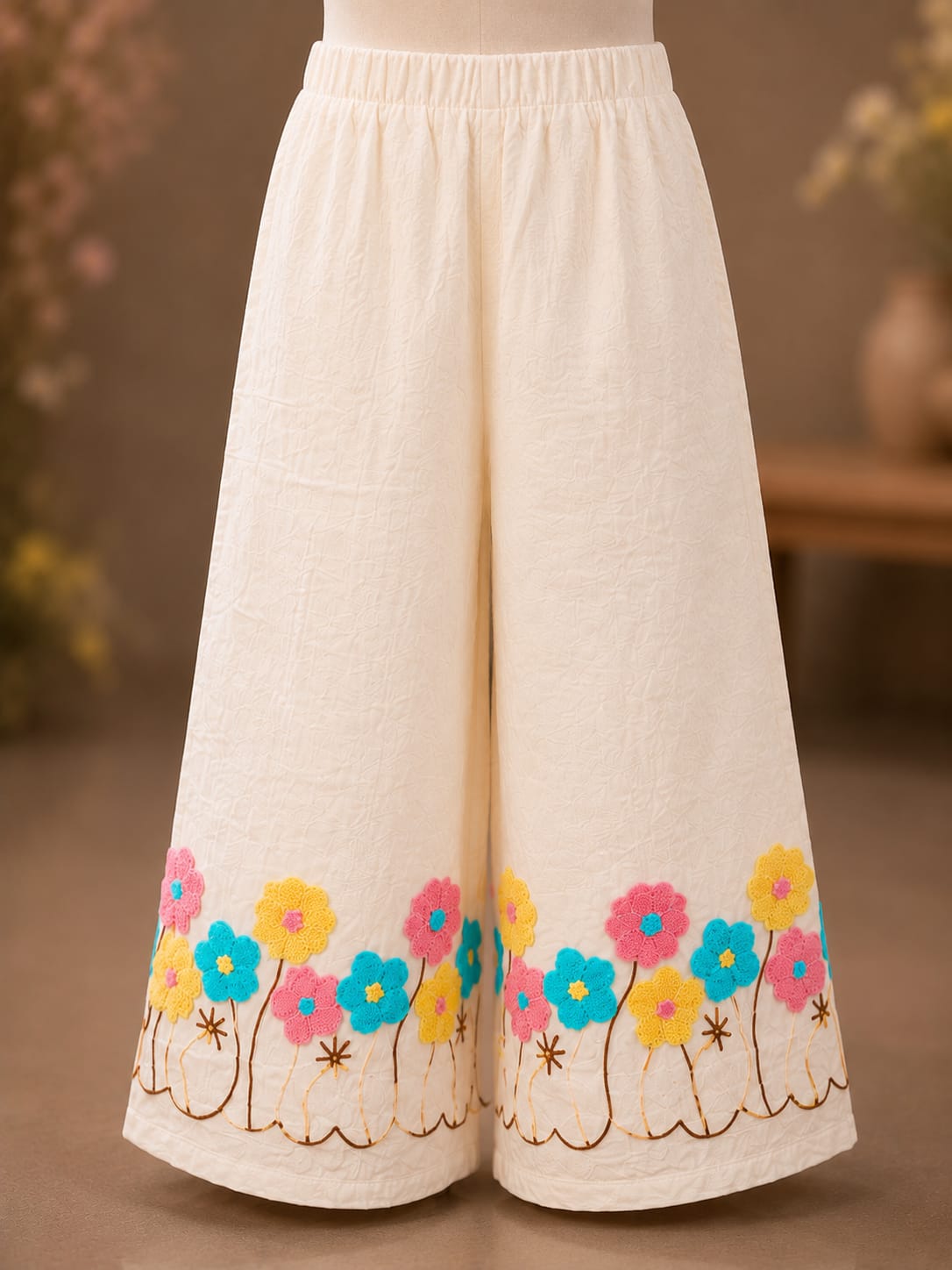 Premium Girls Floral Embroidered Top & Palazzo Co-Ord Set | Cream | Party Wear | Sizes 6–12 Years