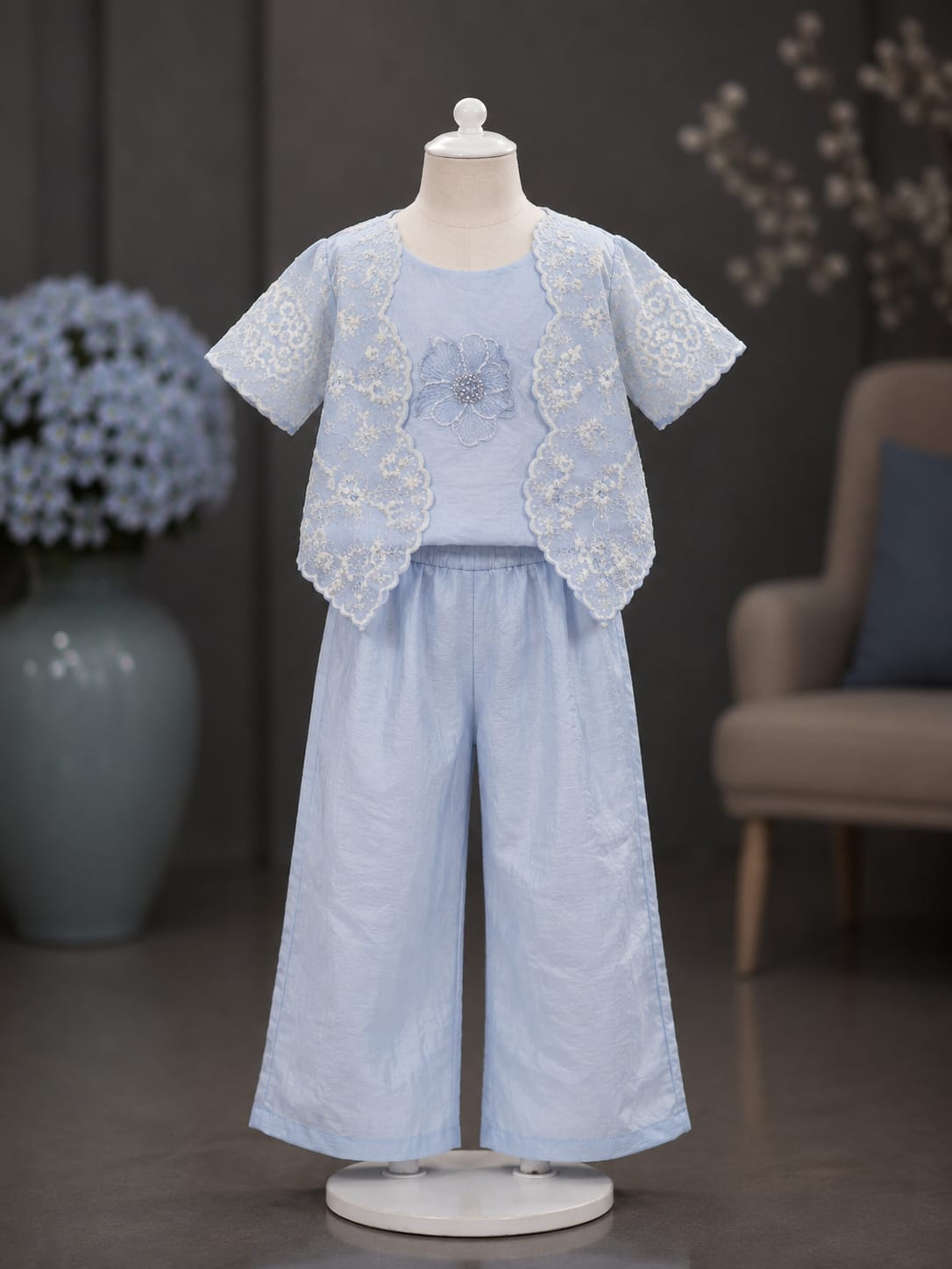 Premium Girls Lace 3-Piece Co-Ord Set | Sky Blue | Party Wear | Sizes 6–12 Years