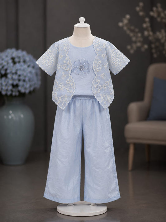 Premium Girls Lace 3-Piece Co-Ord Set | Sky Blue | Party Wear | Sizes 6–12 Years