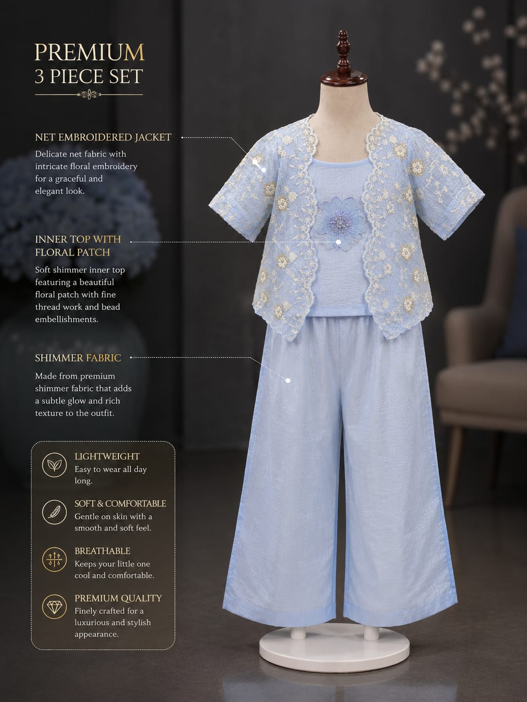 Premium Girls Lace 3-Piece Co-Ord Set | Sky Blue | Party Wear | Sizes 6–12 Years