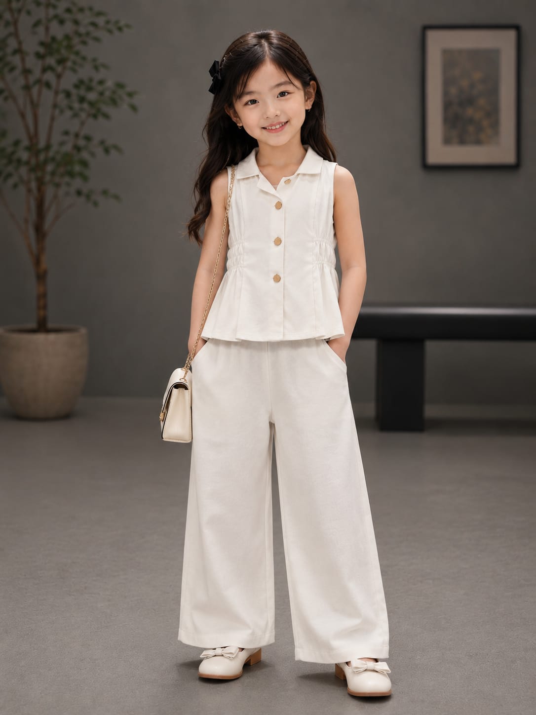 Premium Girls Sleeveless Top & Wide Leg Palazzo Co-Ord Set | Off White | Party Wear | Sizes 6–12 Years