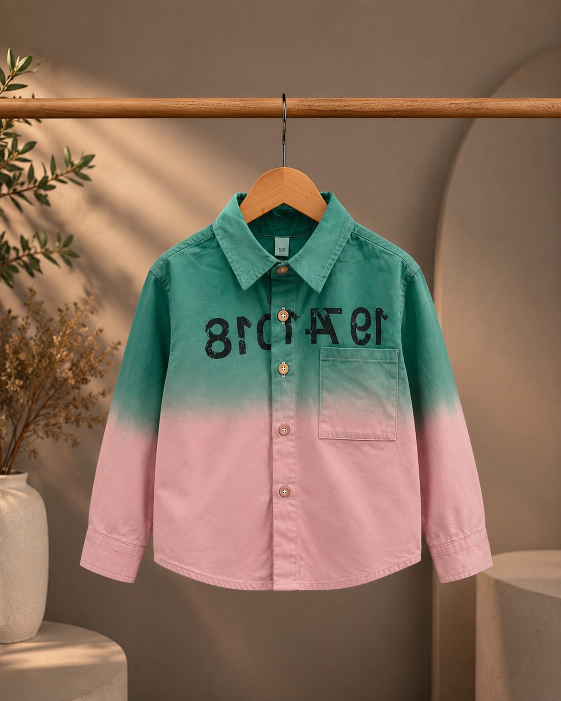 Premium Boys Green & Pink Ombre Cotton Full Sleeve Shirt | Casual & Party Wear | Sizes 2–7 Years