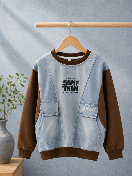 Boys Premium Denim Look Sweatshirt | Full Sleeve Casual Cotton Blend Sweatshirt | Ages 6–12 Years