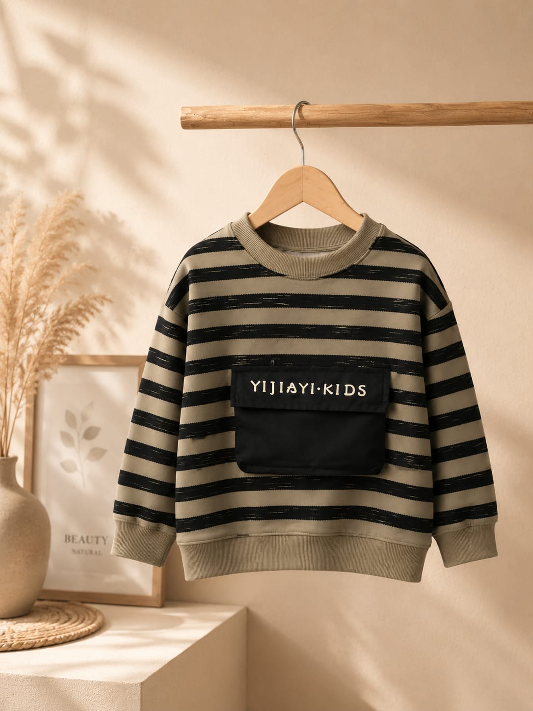 Boys Striped Cotton Fleece Sweatshirt with Utility Pocket | Premium Full Sleeve Casual Sweatshirt | 6–12 Years