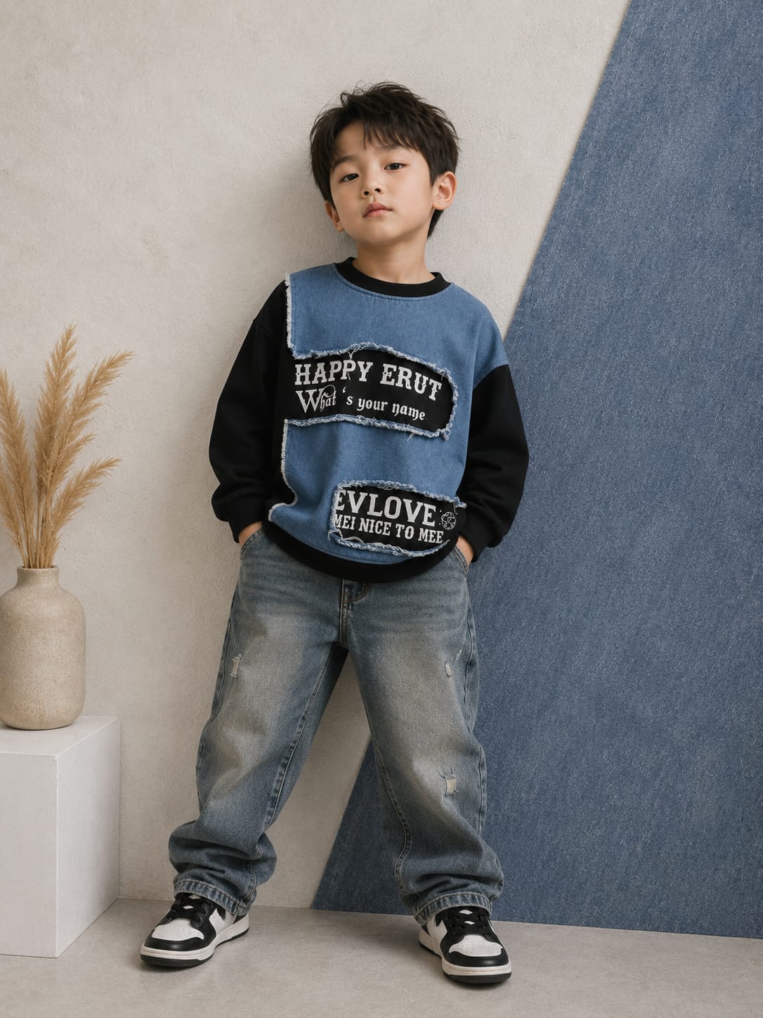 Boys Denim Patchwork Cotton Fleece Sweatshirt | Premium Full Sleeve Casual Sweatshirt | 6–12 Years