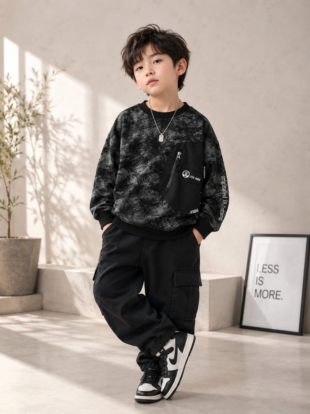 Boys Premium All Season Printed Sweatshirt with Utility Pocket | Full Sleeve Casual Wear | Black | 6–12 Years