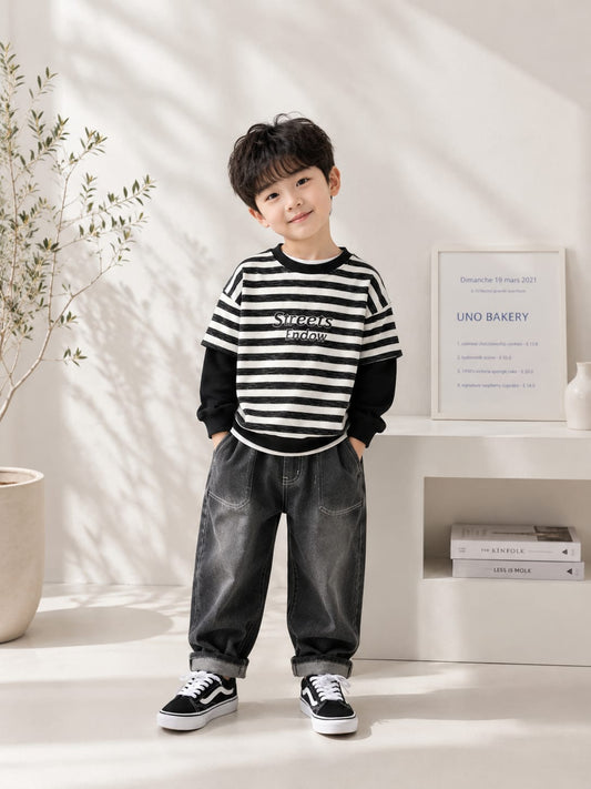 Boys Premium Striped All Season Sweatshirt | Full Sleeve Casual Wear | Black & White | 6–12 Years