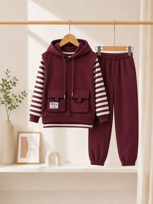 Boys Premium All Season 3-Piece Hooded Cord Set | Full Sleeve Casual Co-Ord Set | Maroon | 6–12 Years