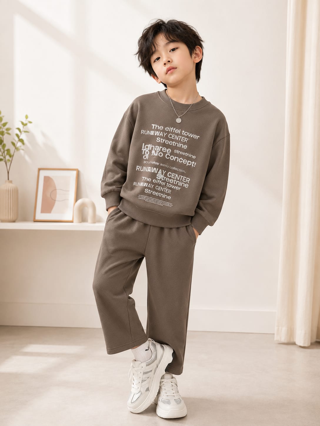 Boys Premium All Season 2-Piece Co-Ord Set | Printed Sweatshirt & Jogger Pants | Casual Wear | Brown | 6–12 Years