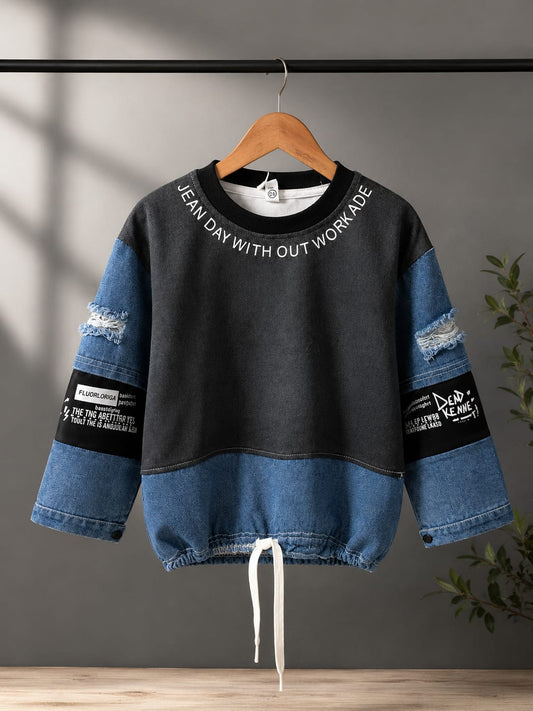 Boys Premium Denim Patchwork All Season Sweatshirt | Casual Full Sleeve Top | Sizes 18–26