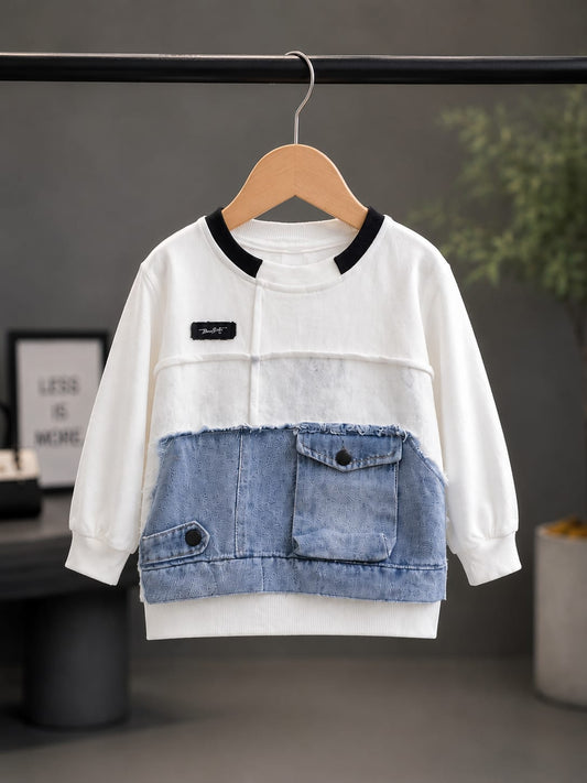 Boys Premium Denim Patchwork All Season Sweatshirt | Casual Full Sleeve Top | Sizes 18–26