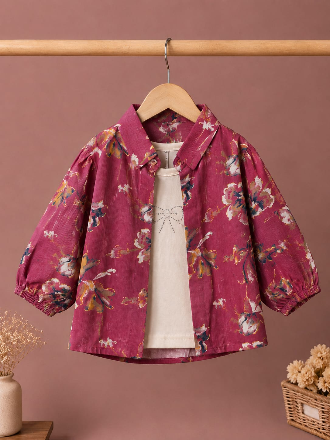 Kids Floral Printed Shirt with Inner T-Shirt Set for Boys & Girls | Premium Cotton | Size 18–26