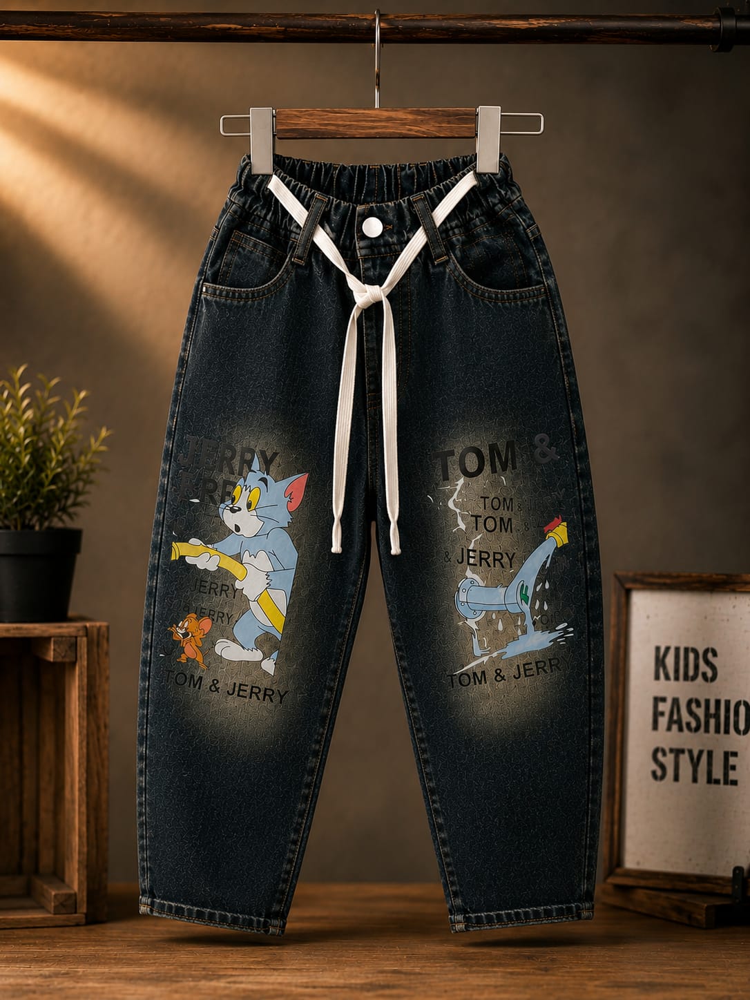 Wanster Kids Tom & Jerry Printed Denim Black Jeans | Premium Elastic Waist | Size 18-26
