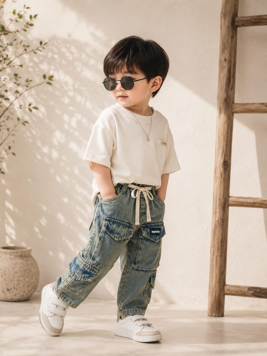 Wanster Baby Boys Cargo Denim Jeans | Premium Soft Elastic Waist | 6 Months to 3 Years