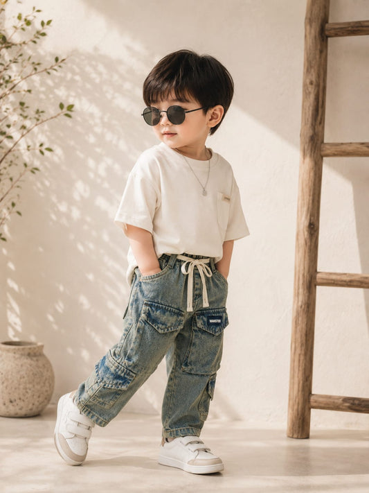 Wanster Baby Boys Cargo Denim Jeans | Premium Soft Elastic Waist | 6 Months to 3 Years
