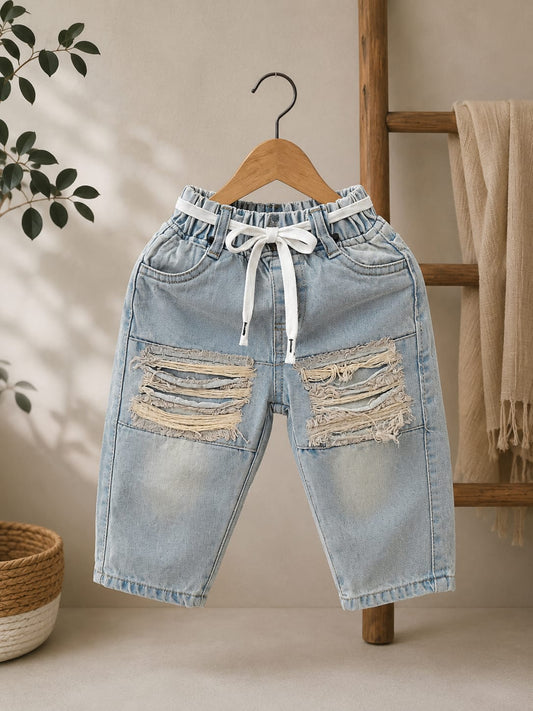 Wanster Baby Boys Ripped Denim Jeans | Premium Soft Elastic Waist | Light Blue | 6 Months to 3 Years