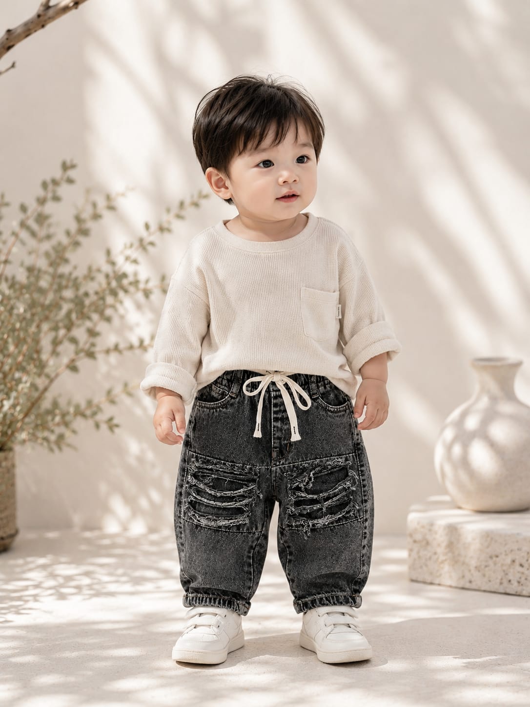 Wanster Baby Boys Ripped Denim Jeans | Premium Soft Elastic Waist | Black Wash | 6 Months to 3 Years