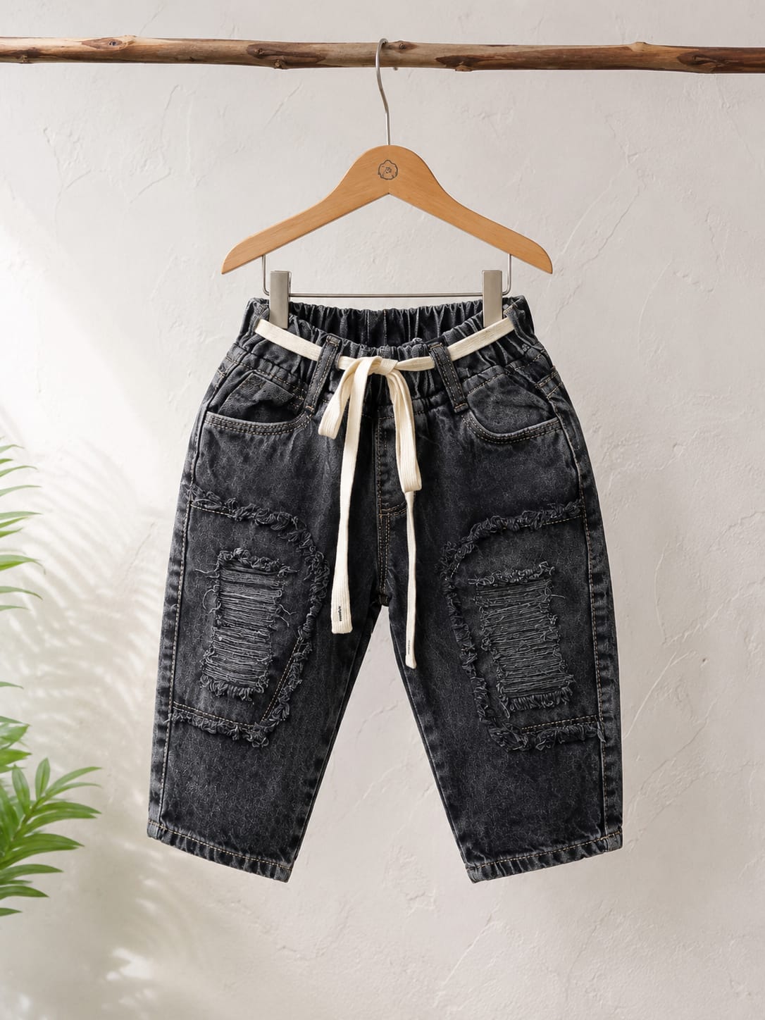 Wanster Baby Boys Black Washed Ripped Denim Jeans | Premium Soft Elastic Waist | 6 Months to 3 Years