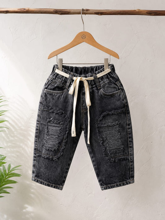 Wanster Baby Boys Black Washed Ripped Denim Jeans | Premium Soft Elastic Waist | 6 Months to 3 Years