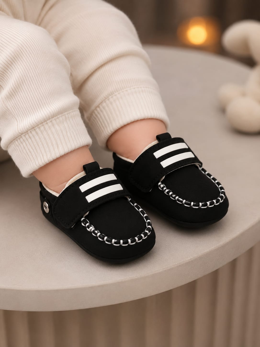 Premium Baby Black Velcro Loafers | Soft Sole First Walker Shoes