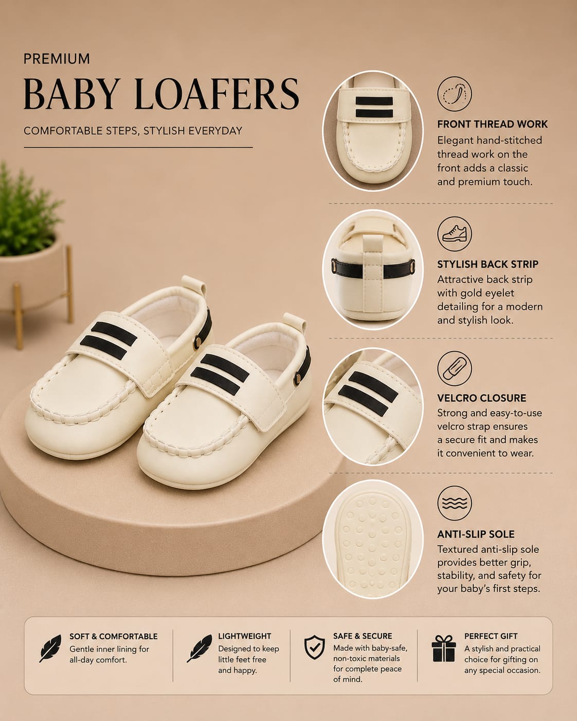 Baby Boys & Girls Soft Sole Casual Loafer Shoes – Cream White | Newborn First Walker Shoes 0-3M-6-9M