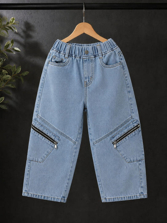 Wanster Kids Light Blue Zip Pocket Cargo Jeans | Premium Denim | Elastic Waist | 6–12 Years
