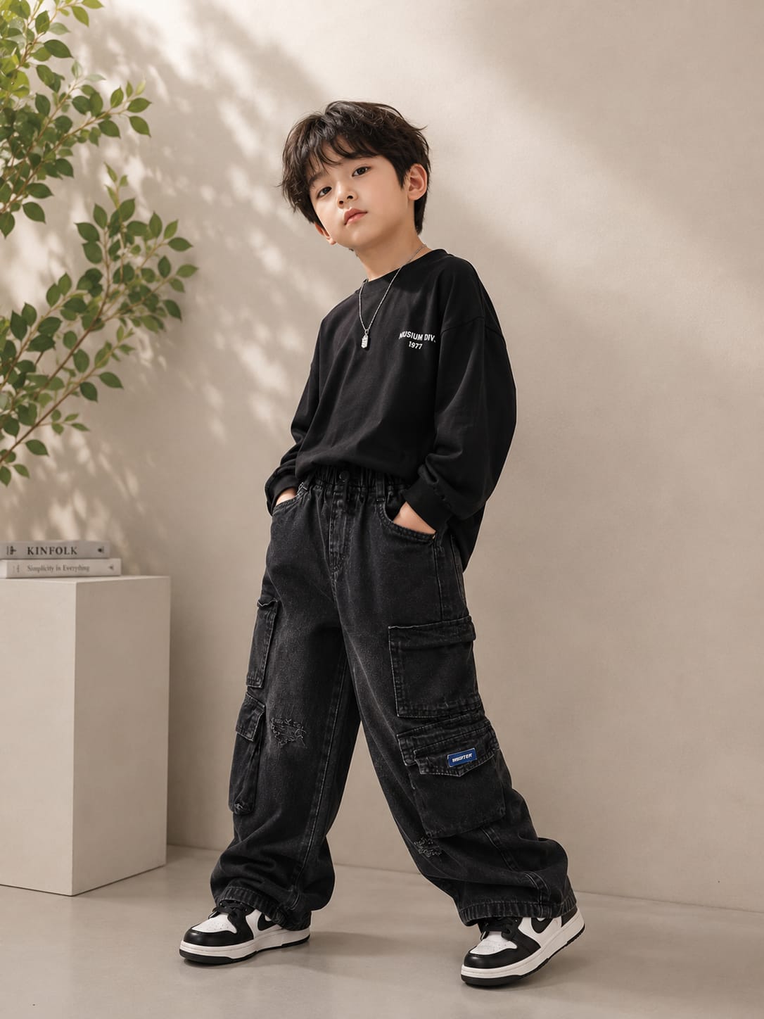 Wanster Kids Black Cargo Jeans | Premium Denim | Multi Pocket Wide Fit | 6–12 Years