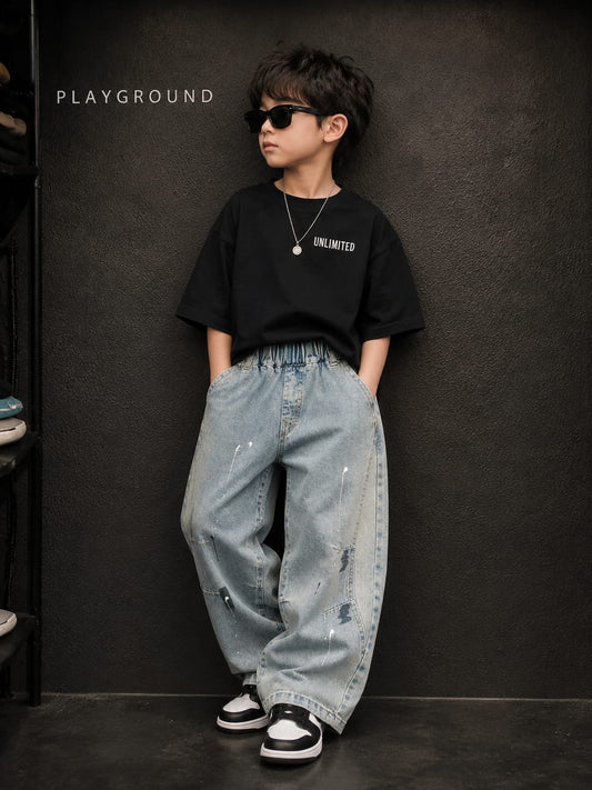 Kids Light Blue Wide Leg Jeans | Premium Denim | Paint Splash Design | 6–12 Years