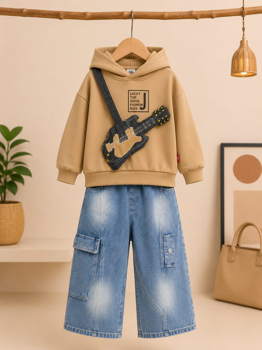 Boys Premium Hoodie & Denim Set with Guitar Sling Bag | Beige | 18–26