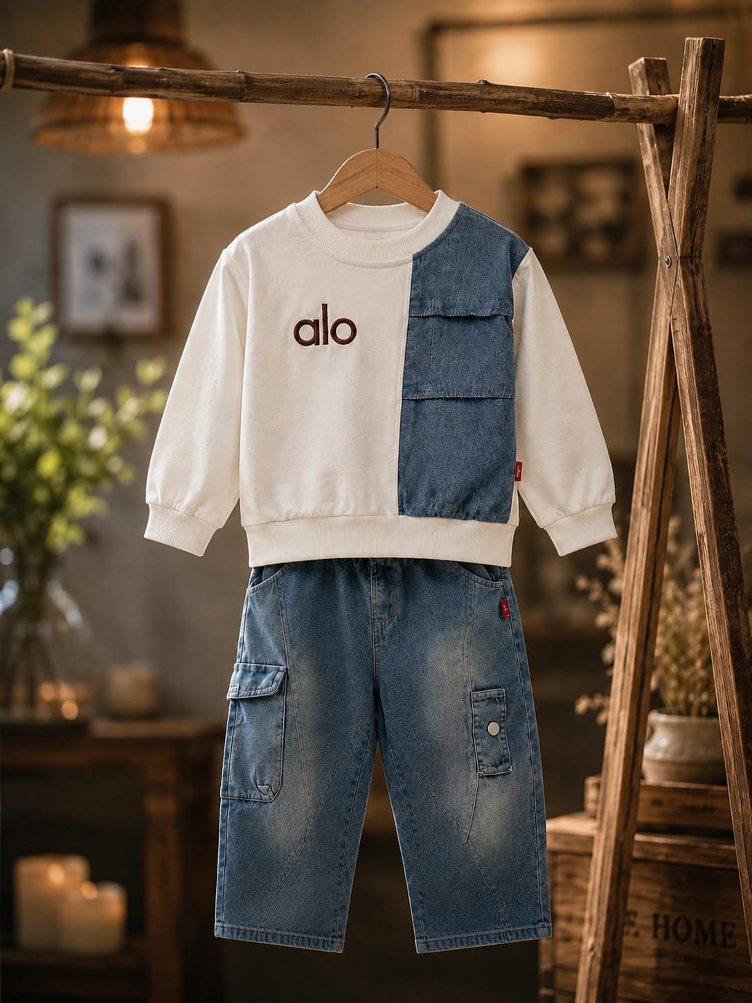 Baby Boys Premium 2-Piece Denim Co-Ord Set | Color Block Sweatshirt & Cargo Jogger Jeans | Casual Outfit | Sizes 18–26