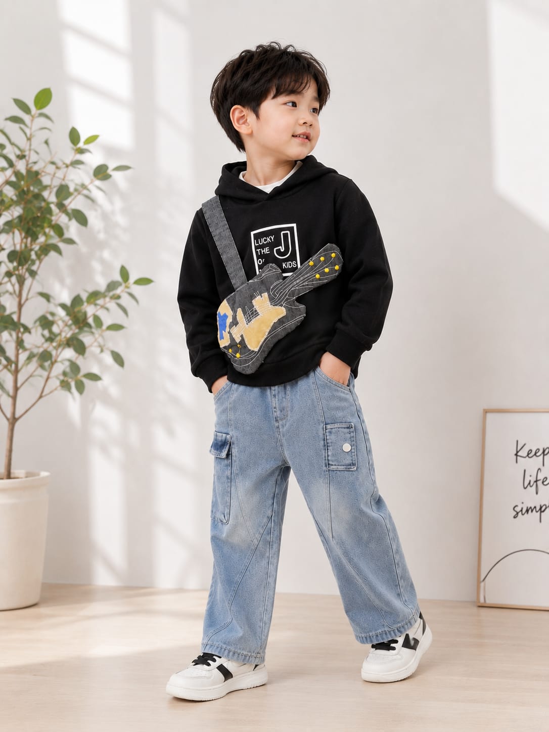 Kids Premium Hoodie & Denim Cargo Co-Ord Set with Guitar Sling Bag | Boys | Sizes 18–26
