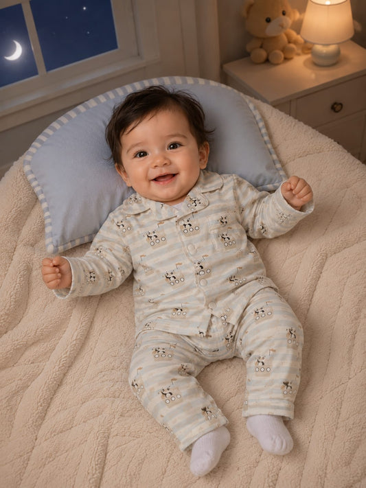 Baby Boys Cotton Night Suit Set – Full Sleeve Shirt & Pajama 2 Pcs Sleepwear | Cream | 6 Months–18/24 Months