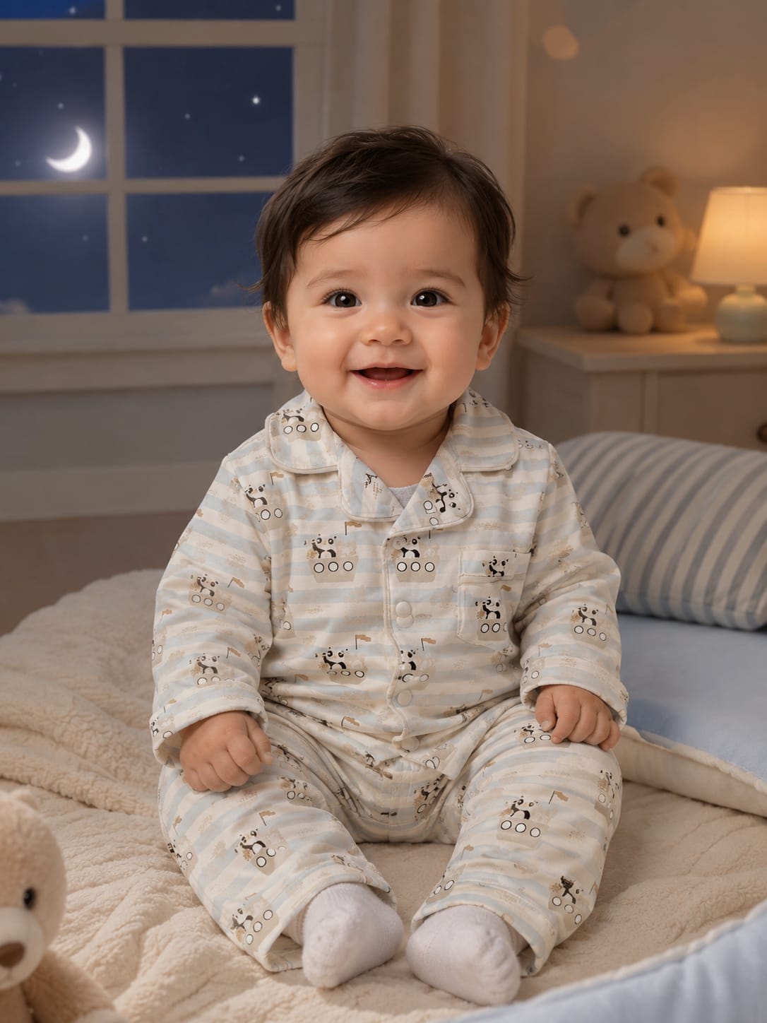 Baby Boys Cotton Night Suit Set – Full Sleeve Shirt & Pajama 2 Pcs Sleepwear | Cream | 6 Months–18/24 Months