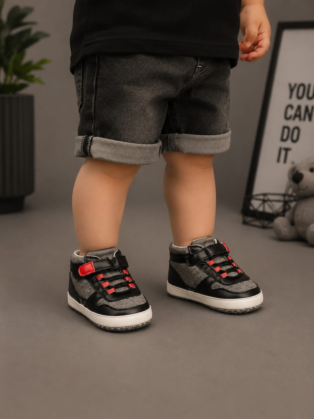 Baby Boys Casual High-Top First Walker Shoes – Black & Grey | Soft Sole Infant Shoes 3-6M - 9-12M