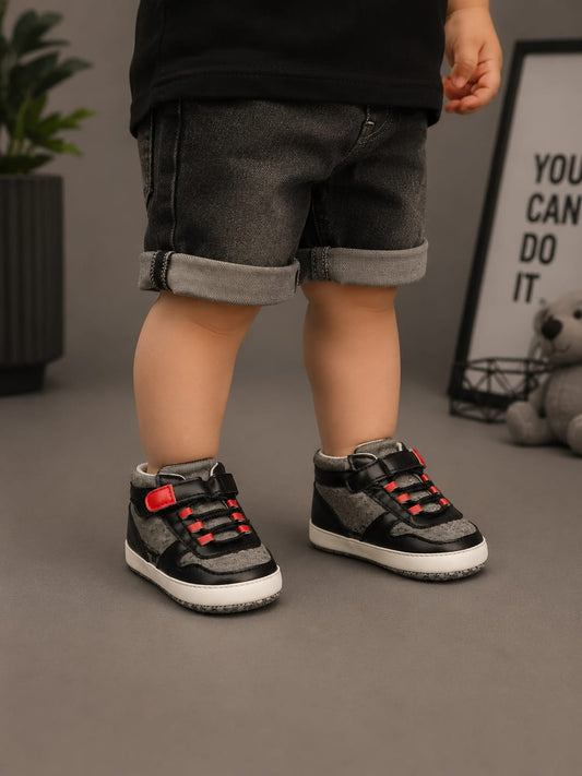 Baby Boys Casual High-Top First Walker Shoes – Black & Grey | Soft Sole Infant Shoes