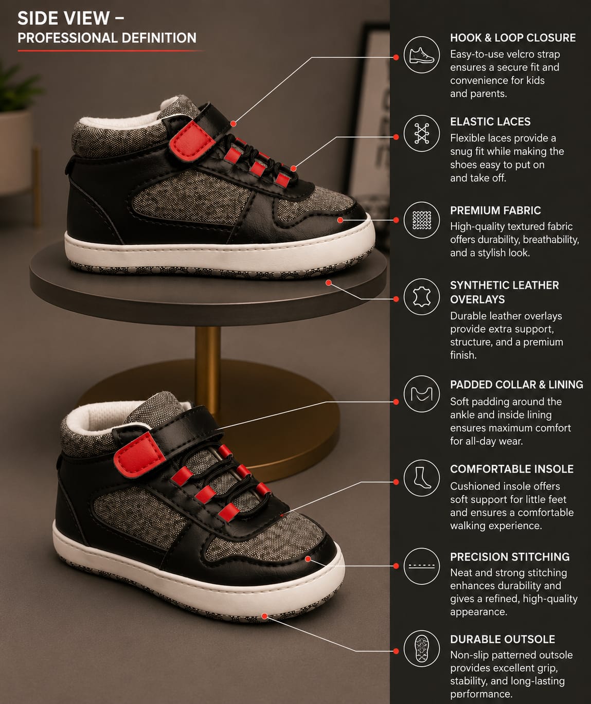 Baby Boys Casual High-Top First Walker Shoes – Black & Grey | Soft Sole Infant Shoes 3-6M - 9-12M