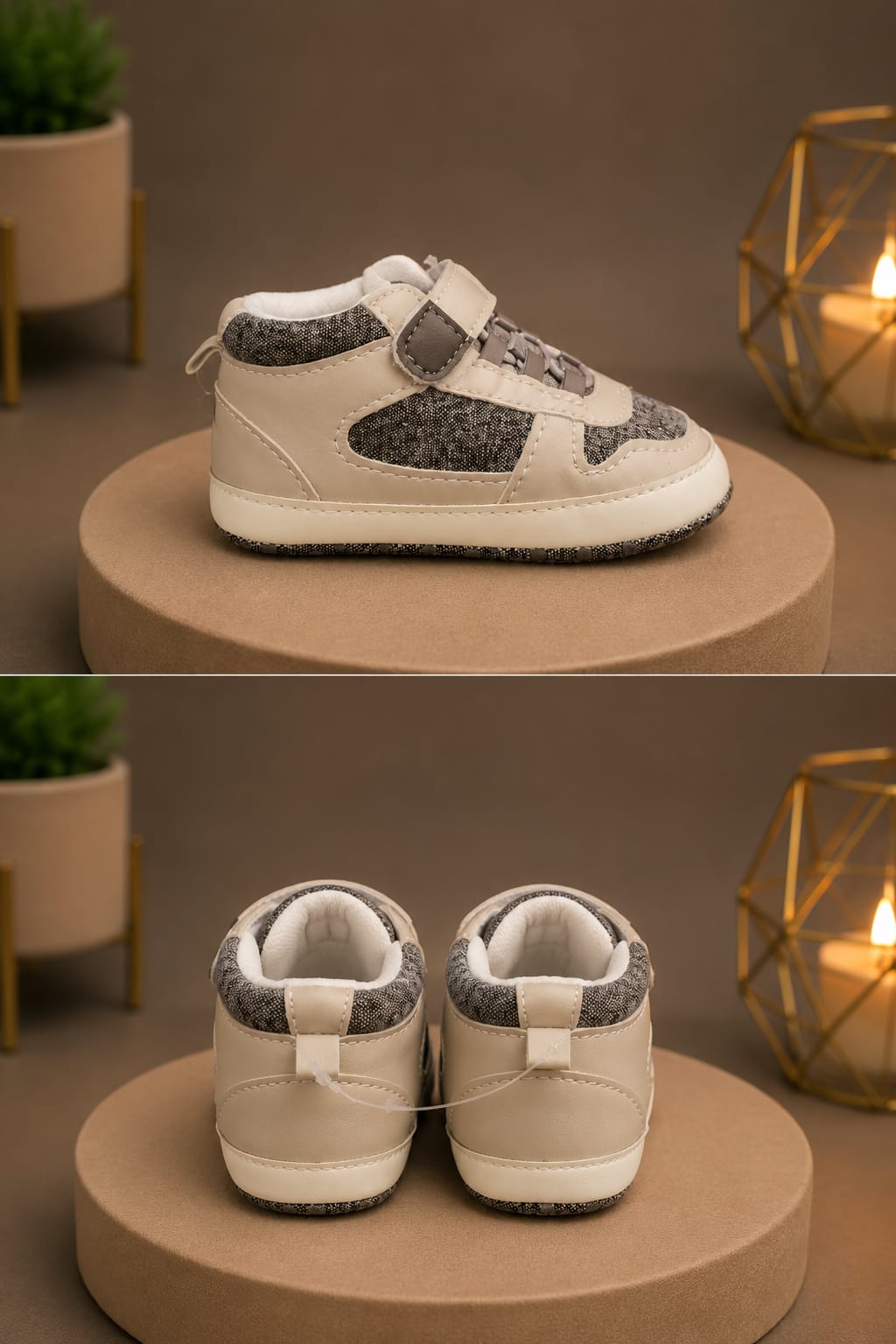 Baby Boys Casual Sports First Walker Shoes – Beige & Grey | Soft Sole Infant Shoes 3-6M - 9-12M